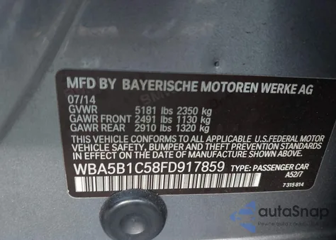 2015 BMW 535I from USA, damaged, VIN WBA5B1C58FD917859